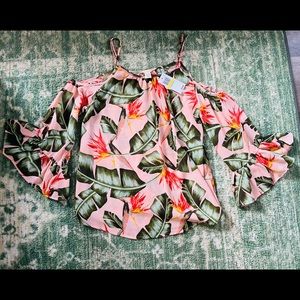 Seven Sisters Floral Blouse, cold shoulder style, tropical flowers